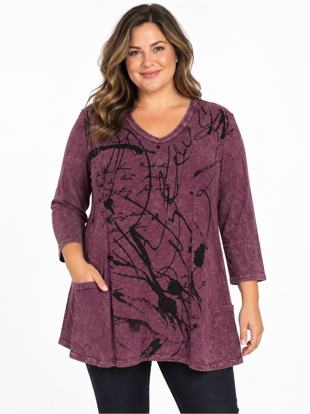 Jess & Jane Purple Mineral Wash Abstract Graffiti Tunic Top Size XL NWT
